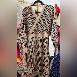 Beige and Black Patterned Wrap Dress